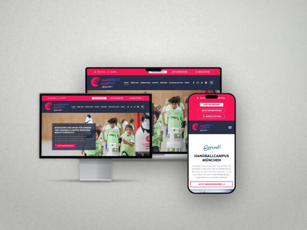 Startseite der Website Handballcampus München auf Laptop, Tablet und Smartphone